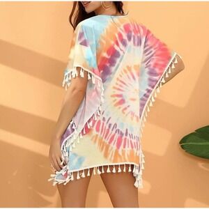 Jess Lea Tie Dye Beach Dress Cover Up Size M Pool Chic Boho‎ Tassel Mini Vibrant